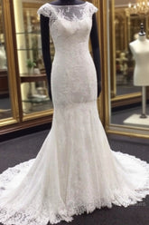Classic Cap Sleeves White Illusion neck Lace Mermaid Wedding Dresses with Court Train
